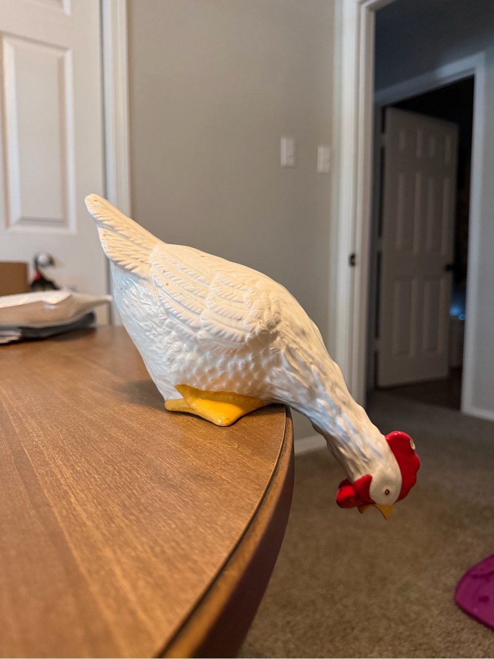 Ceramic Chicken Figurine Shelf Sitter White Head Down Pecking, Red Comb, 10in